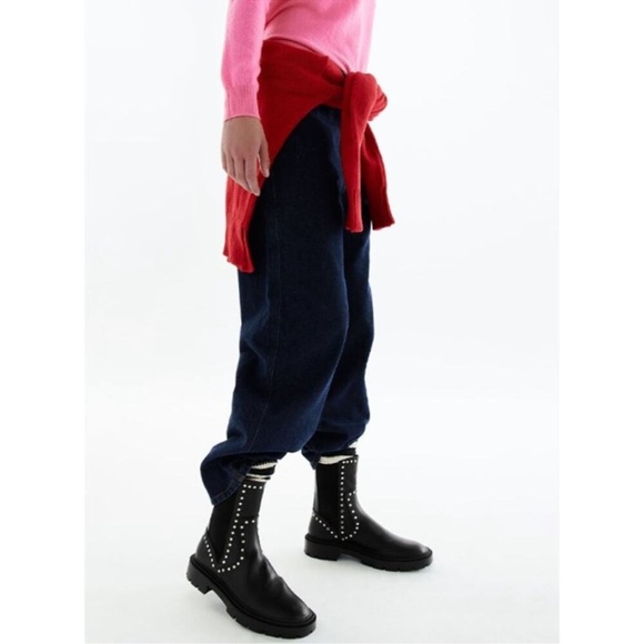 Zara Women’s Black Studded Pull On Ankle Boots Leather Midcalf Biker size 7.5 - Picture 2 of 7